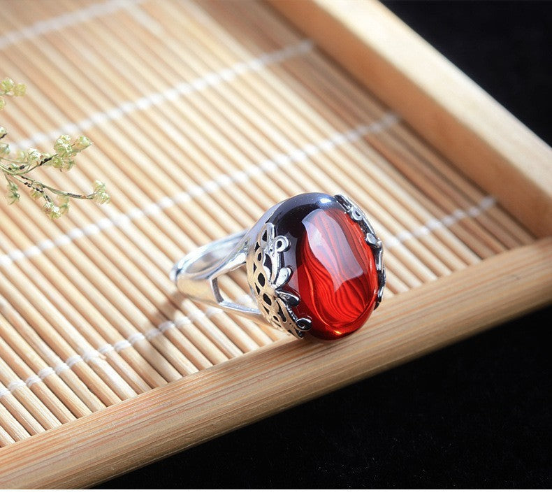 Open Ring Chalcedony Big Gem Red Garnet Personality