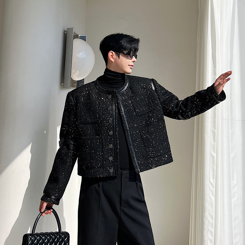 Detachable Leather Loop Sequins Leather Patchwork Classic Style Coat For Men