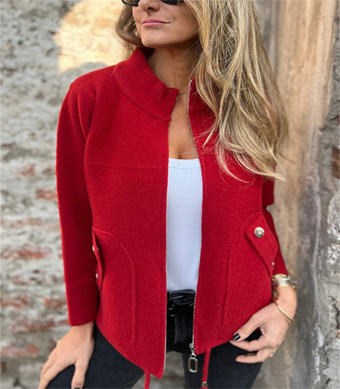 Woolen Lapel Tether Faux Pocket Suit Jacket