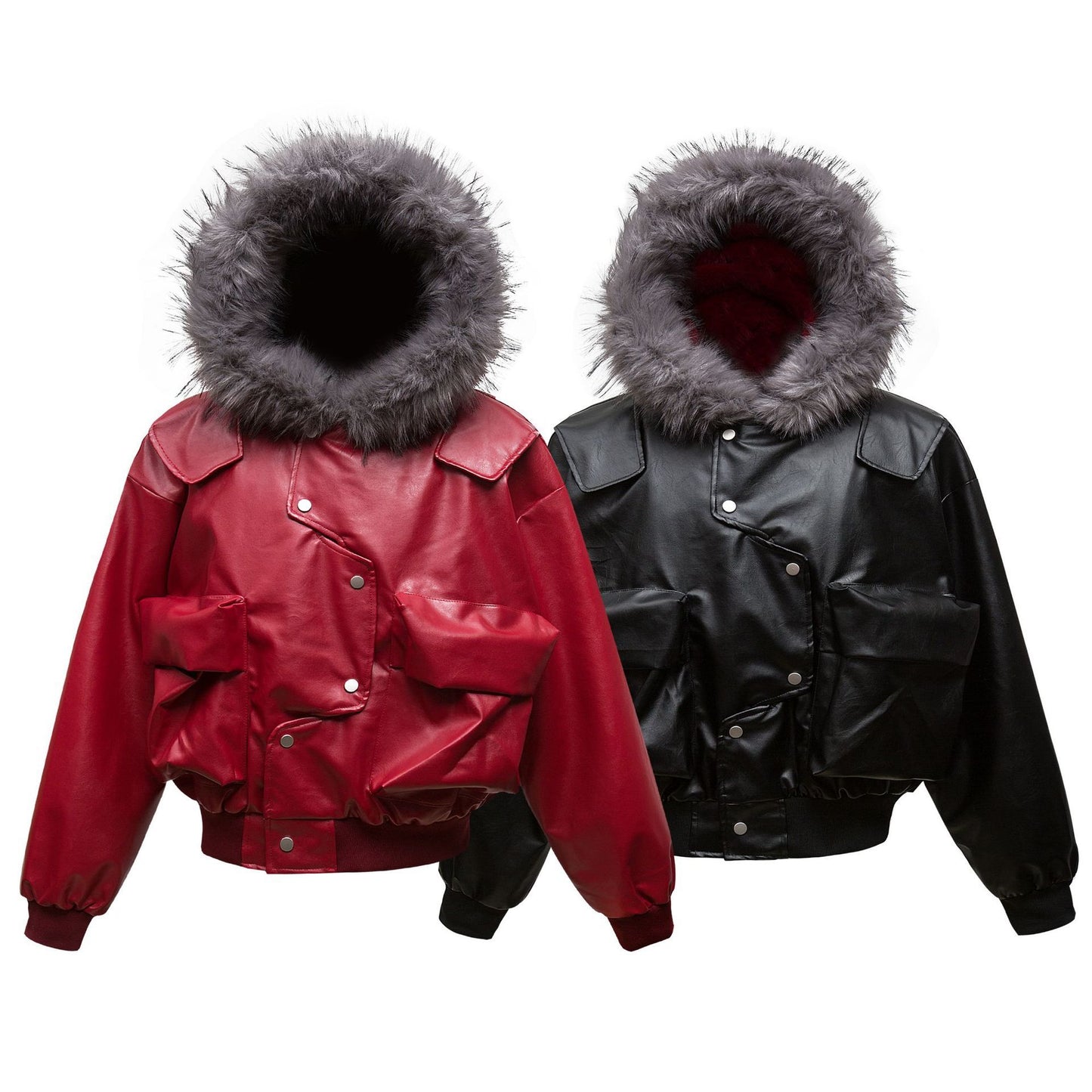 Men's Retro PU Leather Three-dimensional Pocket Cotton-padded Coat