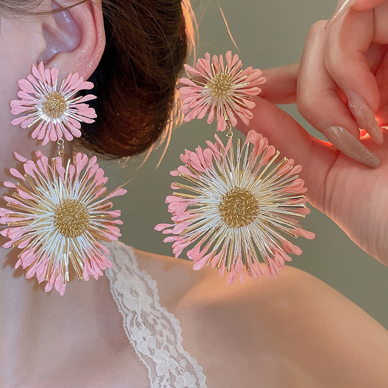 Silver Needle Fabric Flower Pendant Earrings For Women