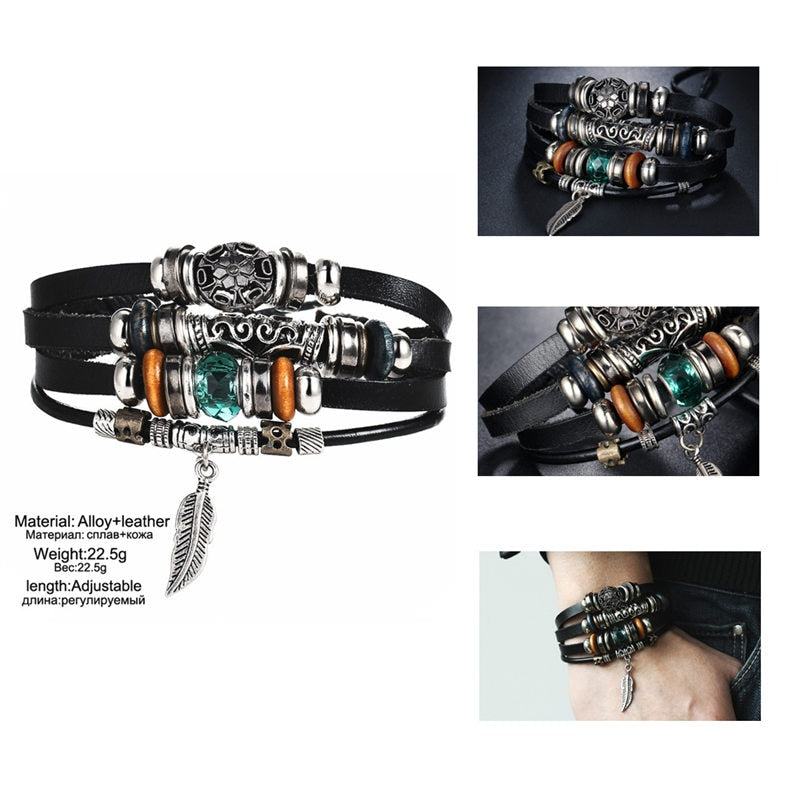 2 pcs Tibet Stone Feather Multilayer Leather Bracelet Eye Fish Charms Beads Bracelets for Men Vintage Punk Wrap Wristband