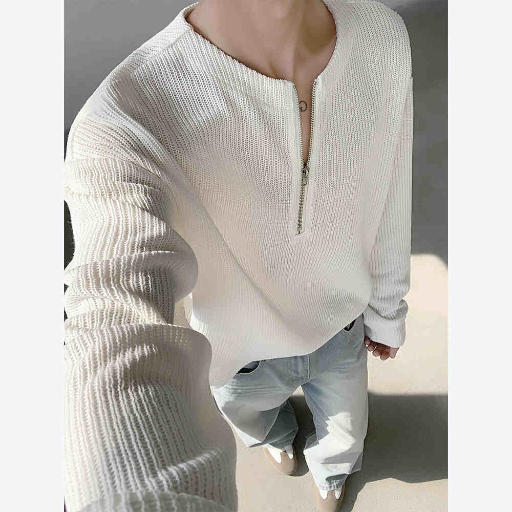 New Texture Sense Henry Collar Half Zipper Sweater For Men