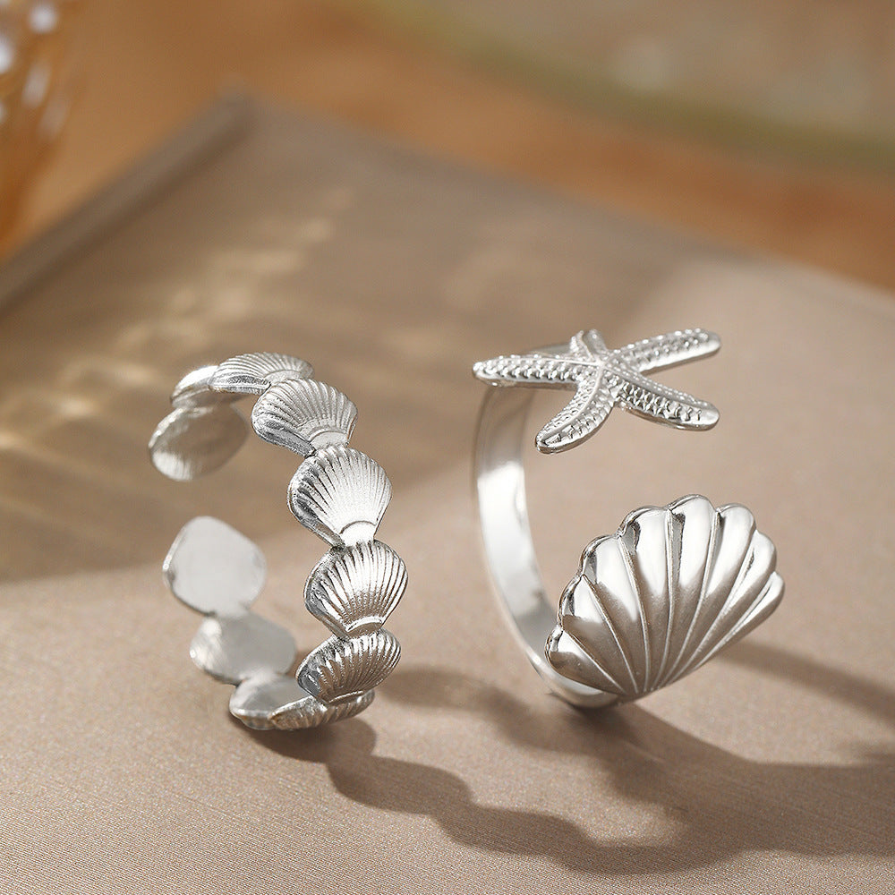 Marine Elements Vacation Style Shell Starfish Open Adjustable Ring For Women