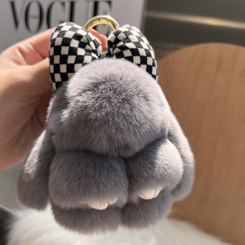 Cute Real Rex Rabbit Hair Bow Bunny Car Key Ring Pendant