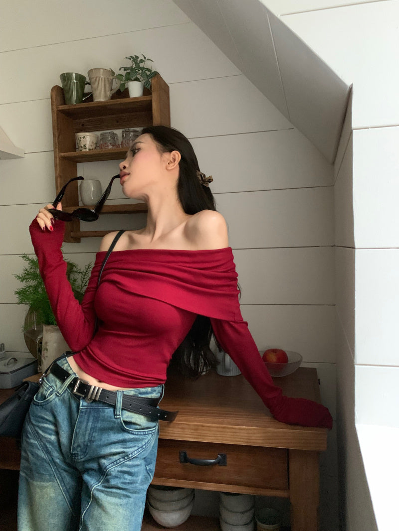 Vintage One-shoulder Long-sleeved Knitwear For Women