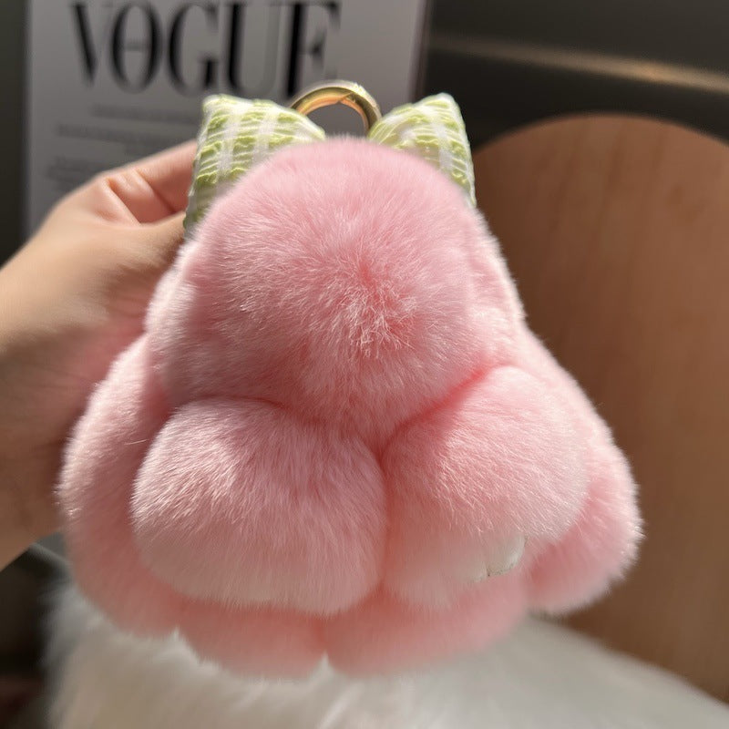 Cute Real Rex Rabbit Hair Bow Bunny Car Key Ring Pendant