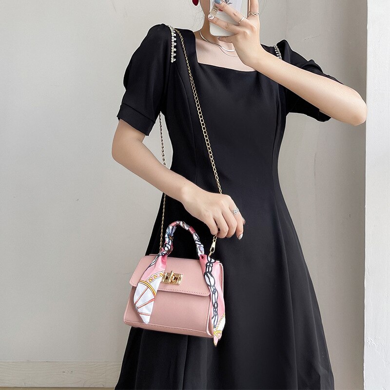 Silk Scarf Lock Chain Square Bag