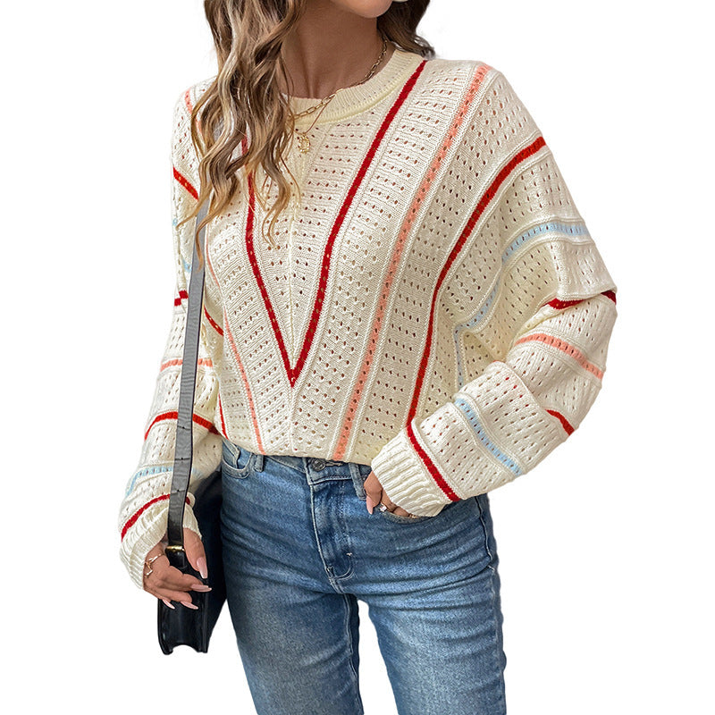 Asian Knitwear V-stripe Pattern Hollow Out Sweater