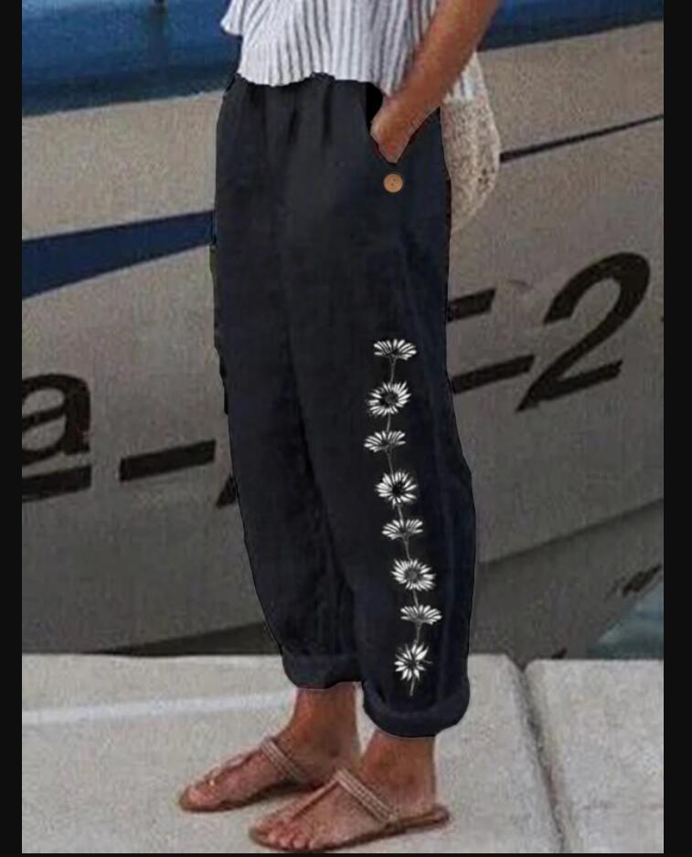 Cotton And Linen Printed Loose Track Pants Women