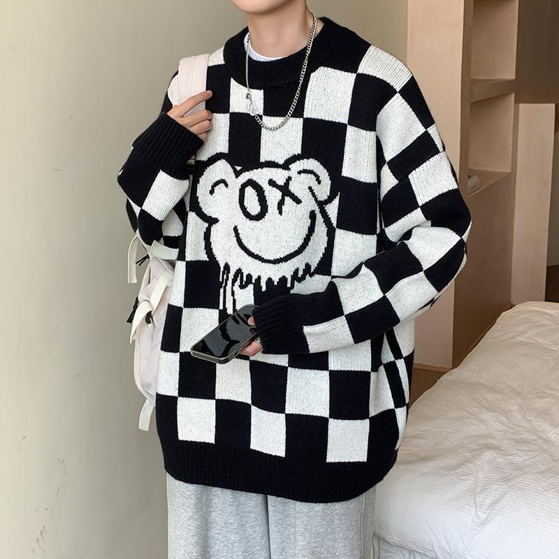 Autumn And Winter Loose Chessboard Round Neck Sweater Male