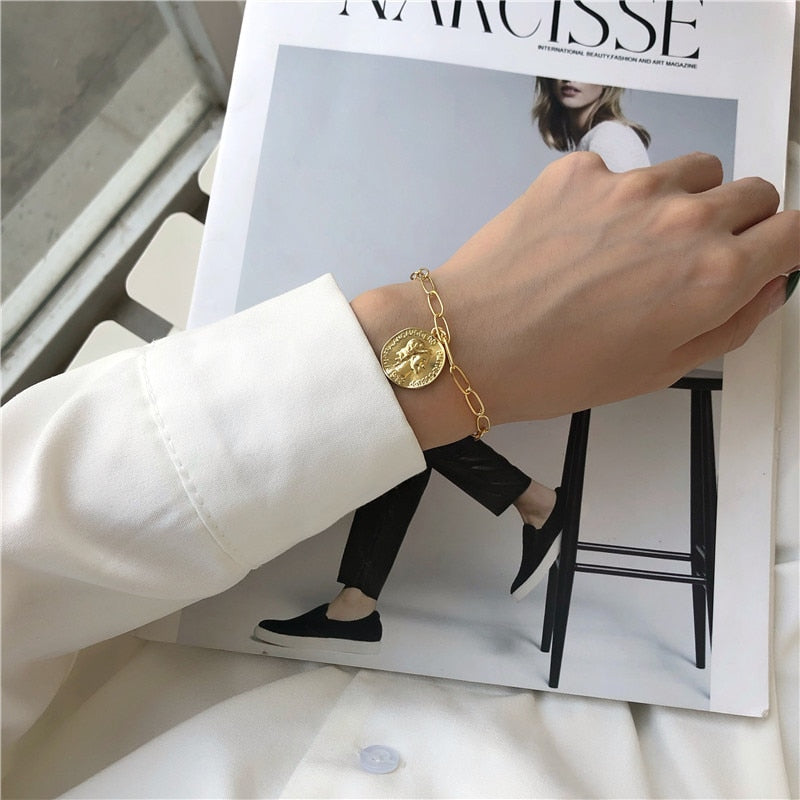 Punk Bracelets Carved Coin Head Bracelet Bangle Bohemian Circle Queen Thick Chain Tassel Pendant Bracelet Women Jewelry