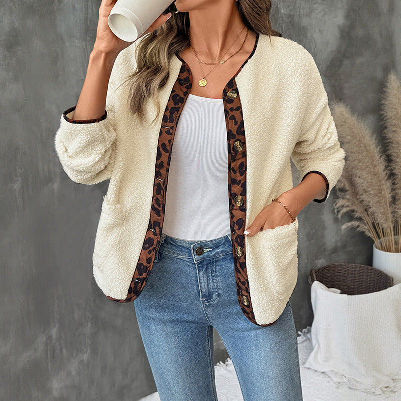 Women's Leopard Print Contrast Color-side Cardigan Thickened Polar Fleece Jacket