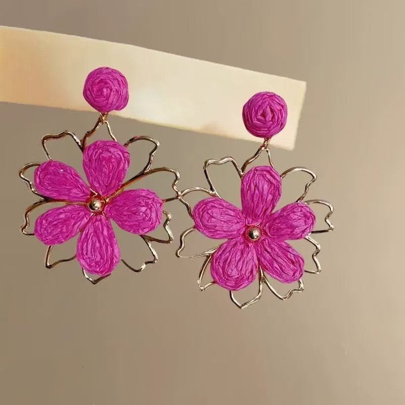 Silver Needle Fabric Flower Pendant Earrings For Women