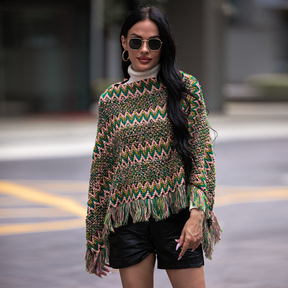 V-neck Cloak Type Twill Plaid Tassel Pullover Shawl Knitwear Sweater