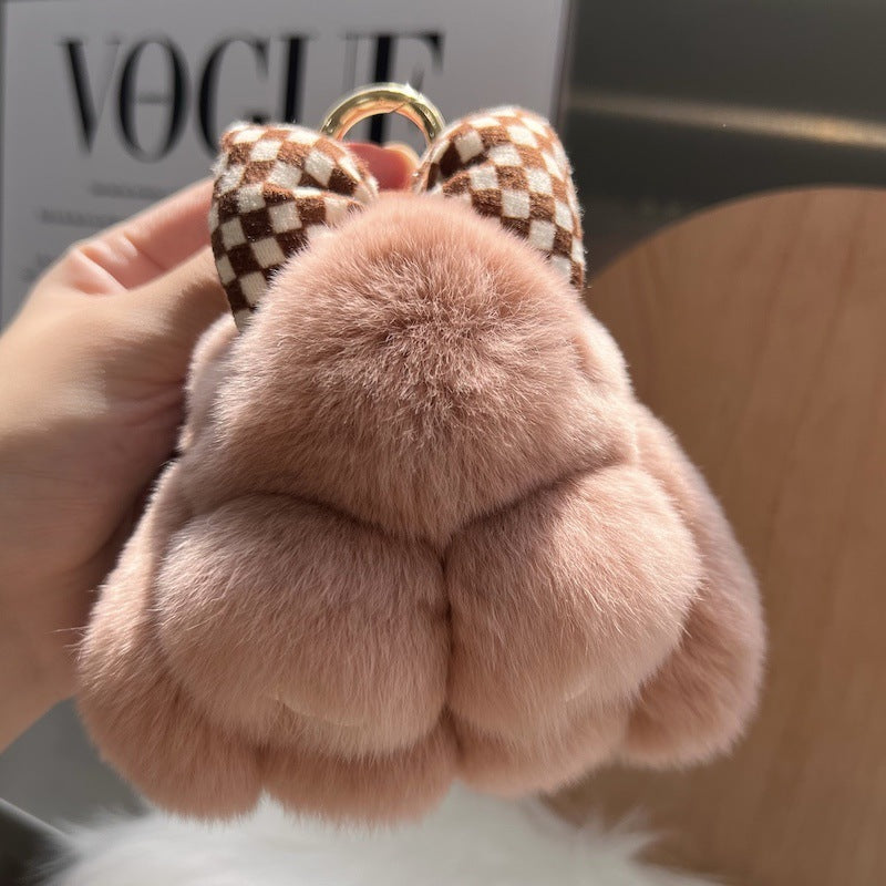 Cute Real Rex Rabbit Hair Bow Bunny Car Key Ring Pendant