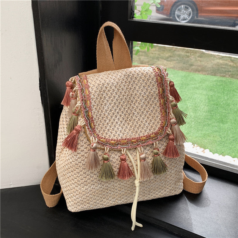 Western Style Travel Women's Straw Backpack Bohemian Style Tassel Bag