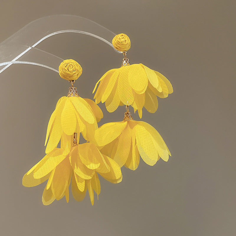 Silver Needle Fabric Flower Pendant Earrings For Women