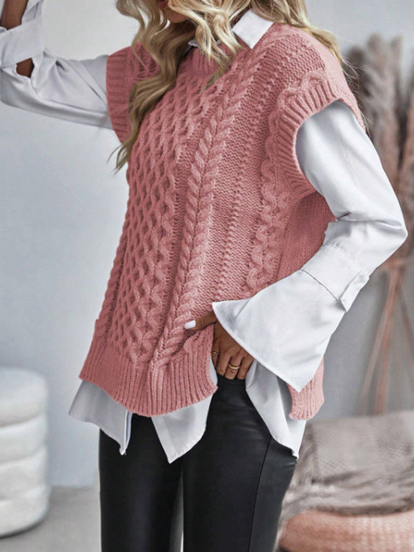Women's Round Neck Sleeveless Knitwear Twist Thread Sweater