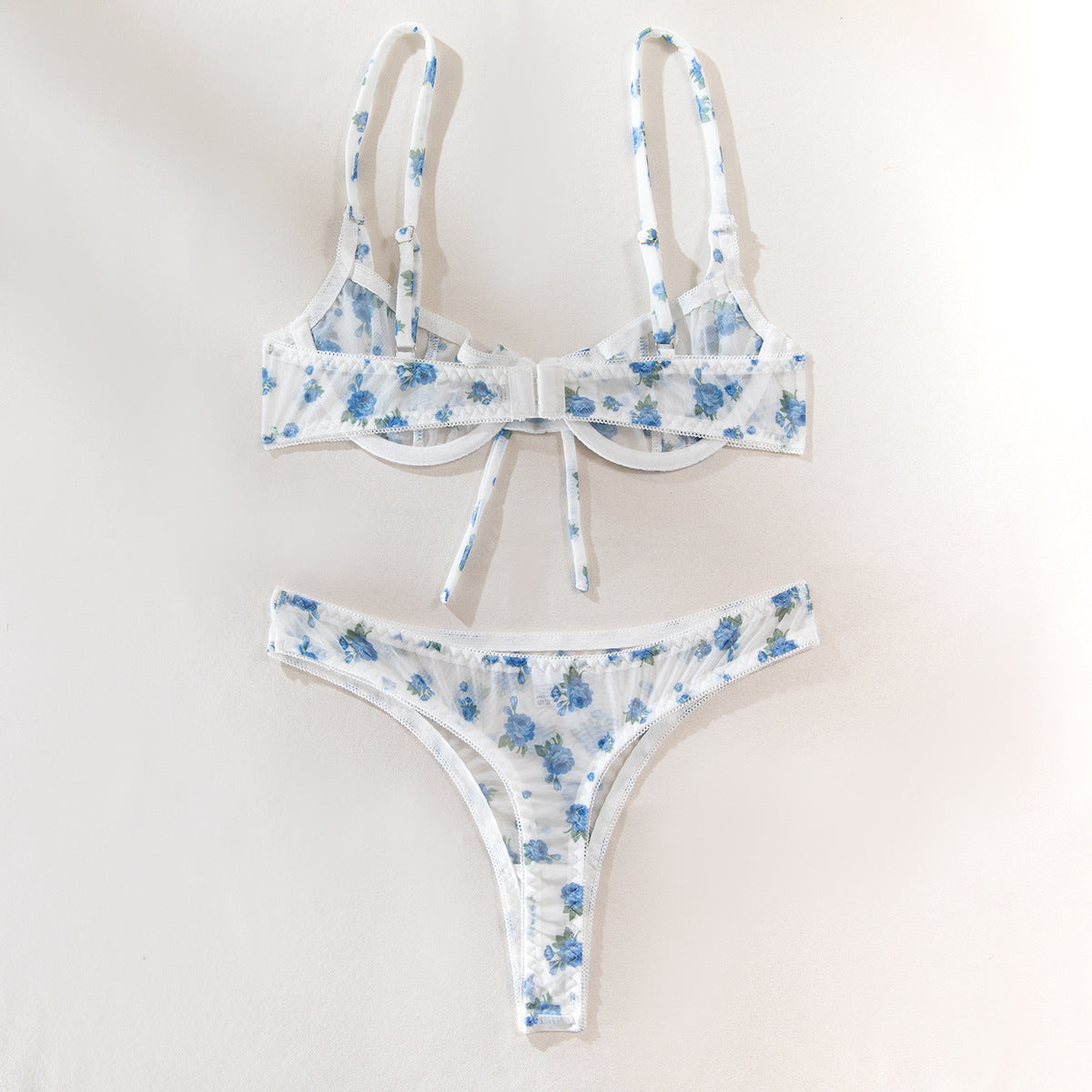 Cross-border New Floral Separated Bra Set Sexy Temptation Ultra-thin Mesh Print Transparent Erotic Underwear