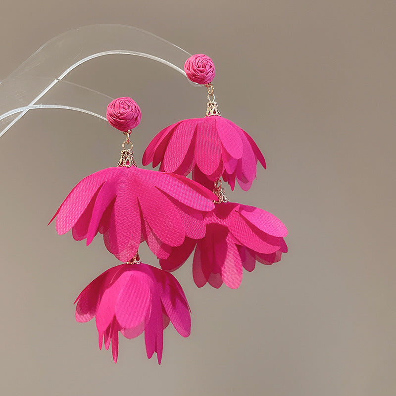 Silver Needle Fabric Flower Pendant Earrings For Women