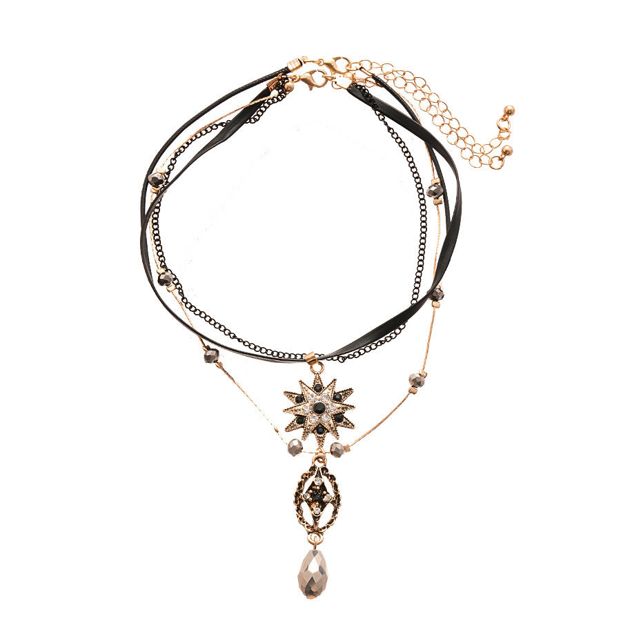 Two-piece European And American Diamond Leather Crystal Eight-pointed Stars Clavicle Chain