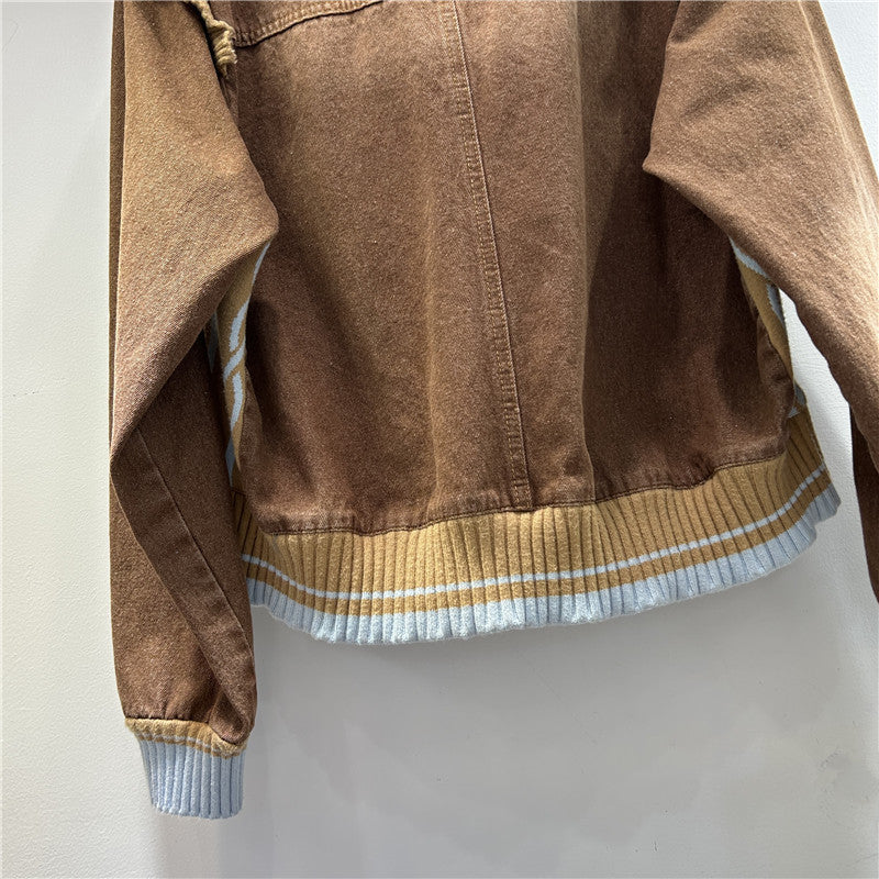 Stand Collar Knitted Stitching Contrast Color Design Minority All-match Coat