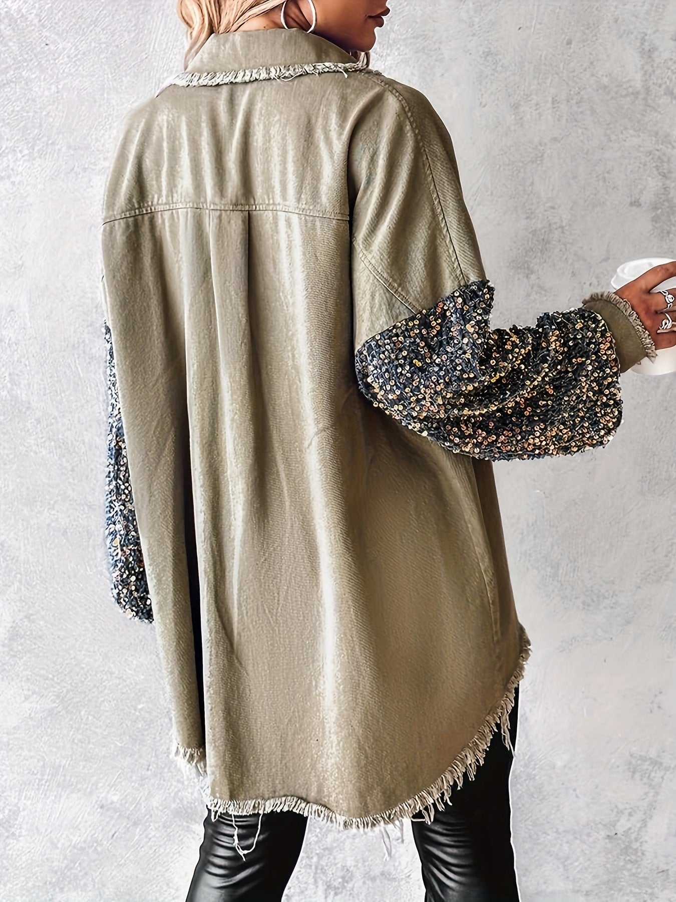 Women'S Long Sleeved Denim Jacket With Sequin Patchwork