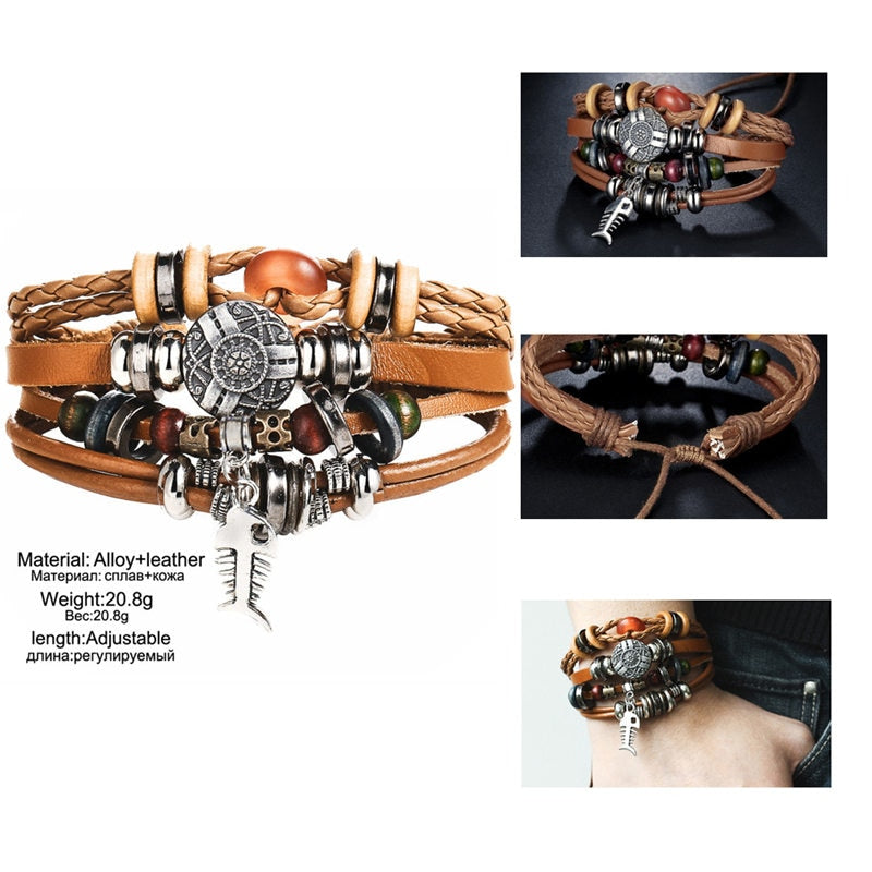 2 pcs Tibet Stone Feather Multilayer Leather Bracelet Eye Fish Charms Beads Bracelets for Men Vintage Punk Wrap Wristband
