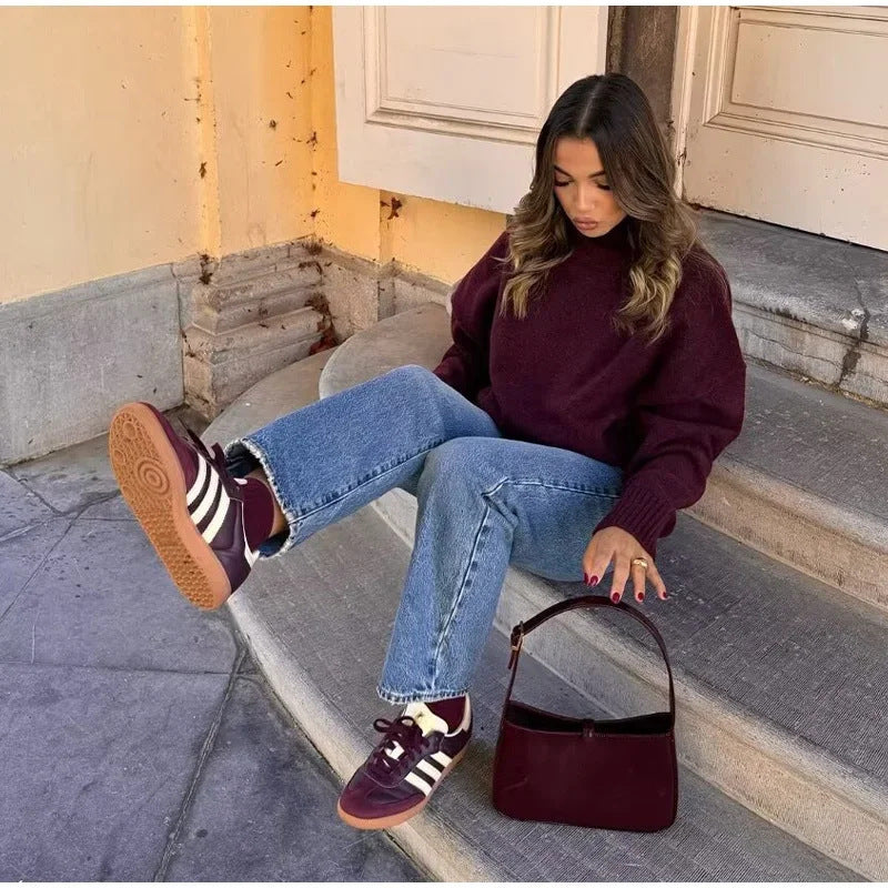 Knitwear Personality Street Vintage Women's Wine Red Turtleneck Sweater