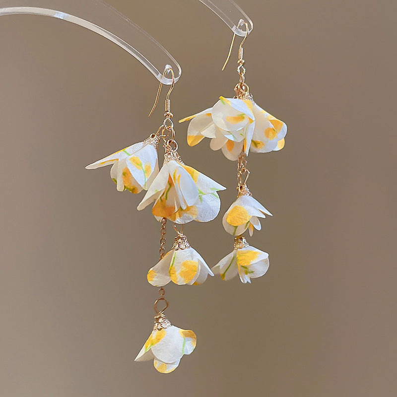 Silver Needle Fabric Flower Pendant Earrings For Women