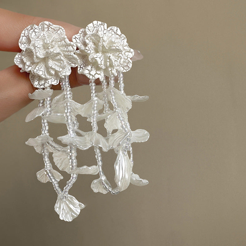 Silver Needle Fabric Flower Pendant Earrings For Women