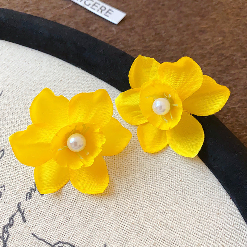 Silver Needle Fabric Flower Pendant Earrings For Women