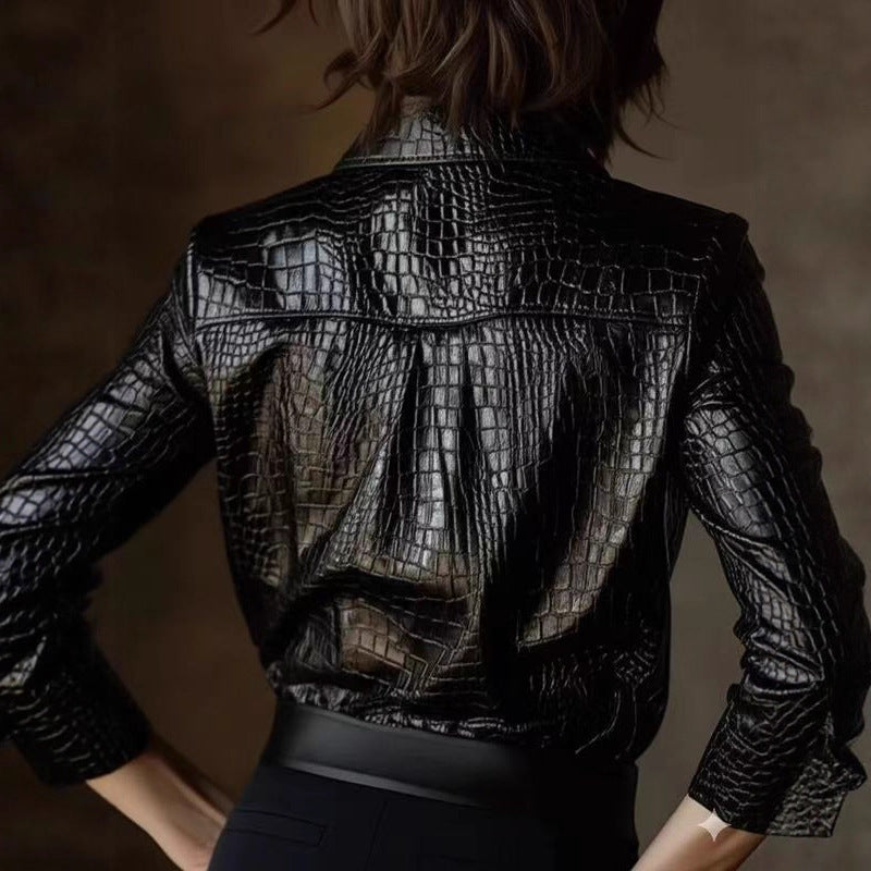 Women's PU Leather Glossy Serpentine Long-sleeved Top
