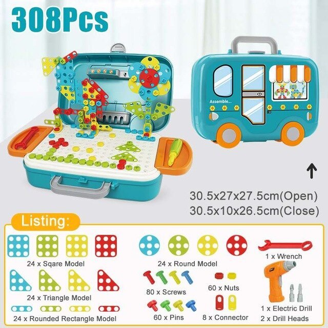 132/308 piezas de juguetes de taladro eléctrico para niños, rompecabezas educativo DIY