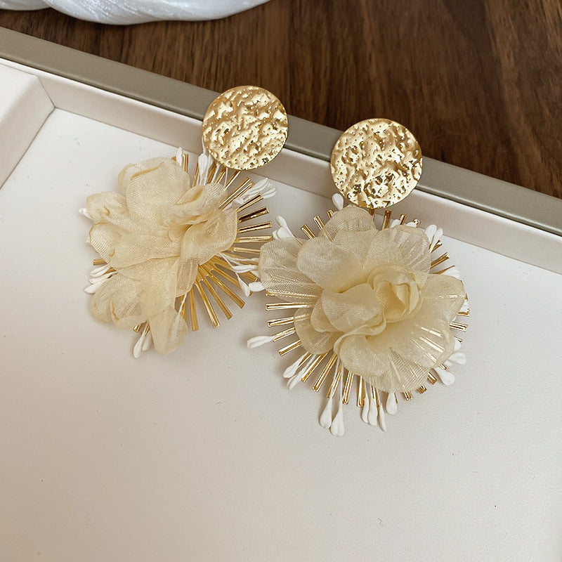 Silver Needle Fabric Flower Pendant Earrings For Women