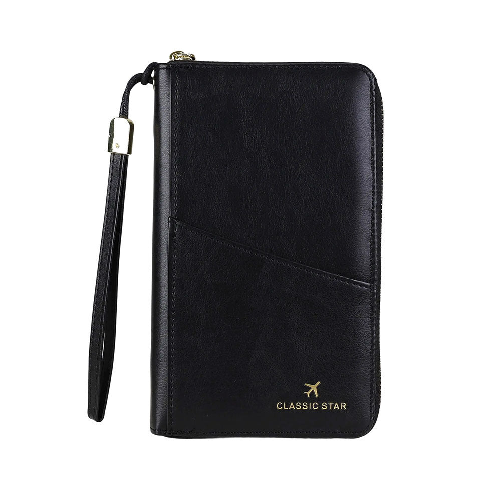 Cartera de cuero genuino con porta pasaporte y barrera RFID