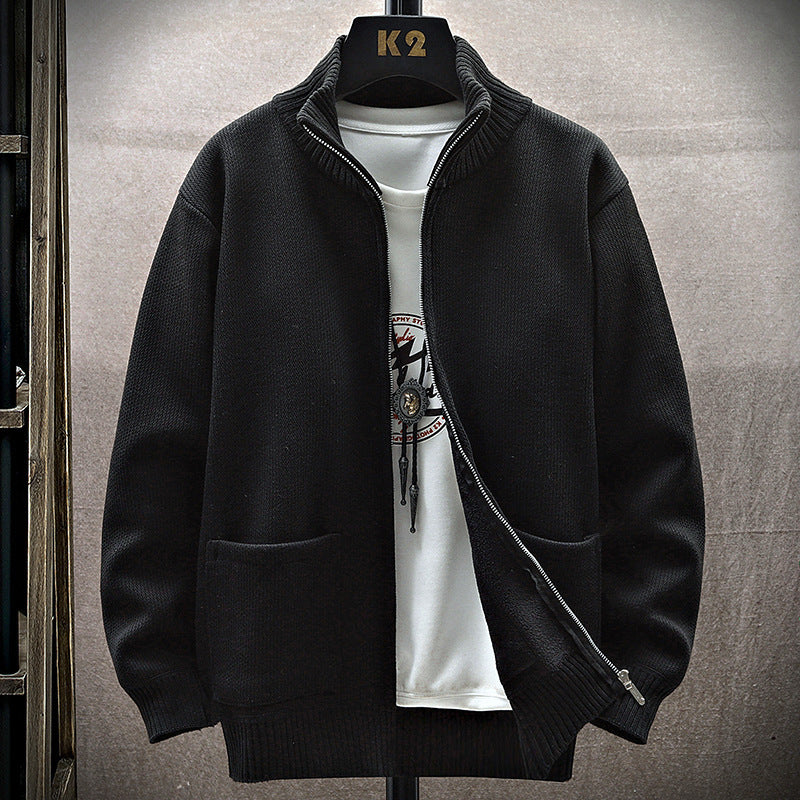 Autumn And Winter Leisure Fleece-lined Men's Cardigan Long Sleeve Youth Popularity Stand Collar Sweater