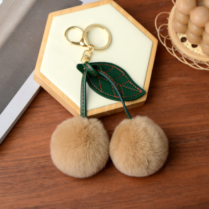 Real Otter Rabbit Fur Grass Little Cherry Car Keychain Pendant