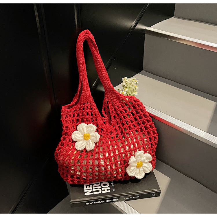 Gestrickte Handtasche Gewebte Mesh-Blumen-Umhängetasche