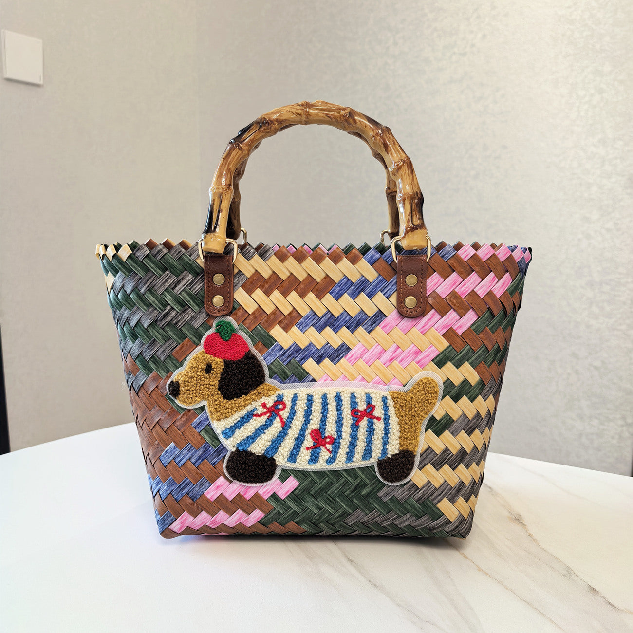 Vintage Stripe Sausage Dog Woven Bag