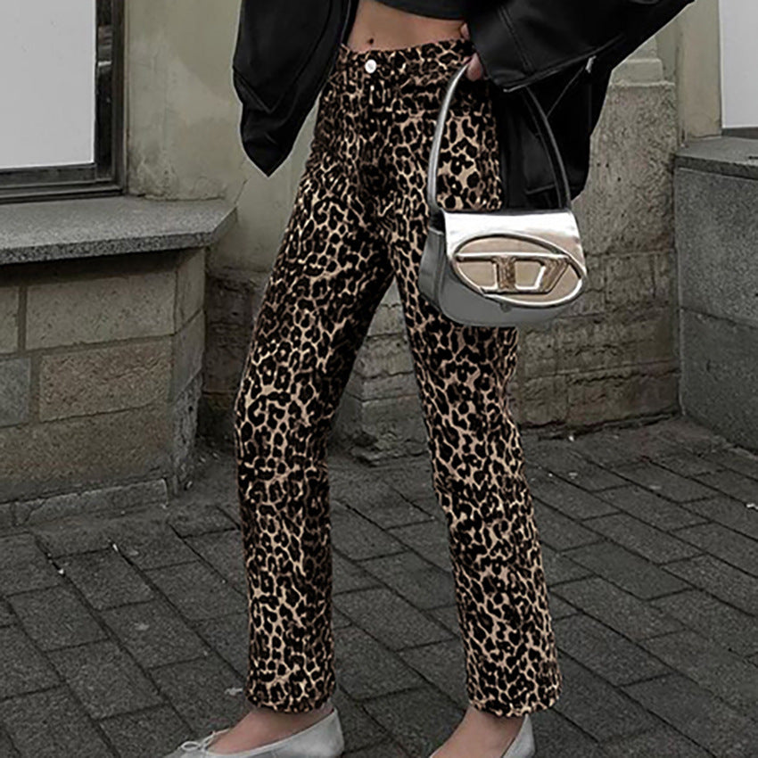 Leopard Print High Waist Straight Pants Retro Smart Trousers Women