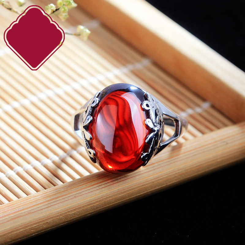 Open Ring Chalcedony Big Gem Red Garnet Personality