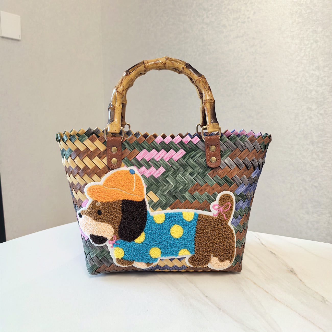 Vintage Stripe Sausage Dog Woven Bag