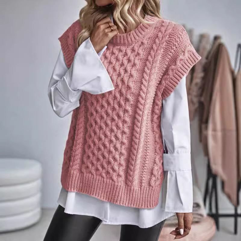 Women's Round Neck Sleeveless Knitwear Twist Thread Sweater