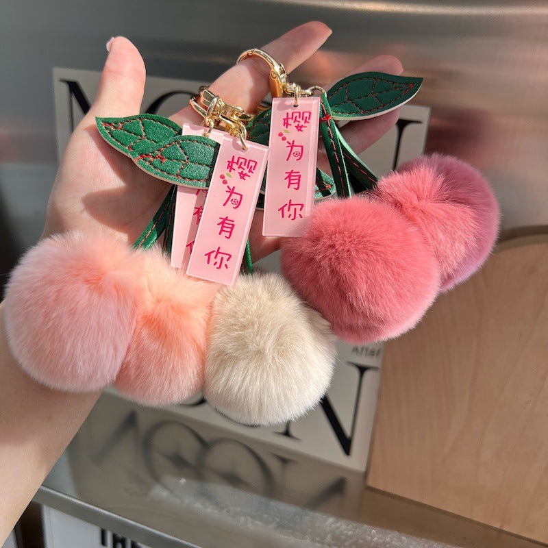 Real Otter Rabbit Fur Grass Little Cherry Car Keychain Pendant