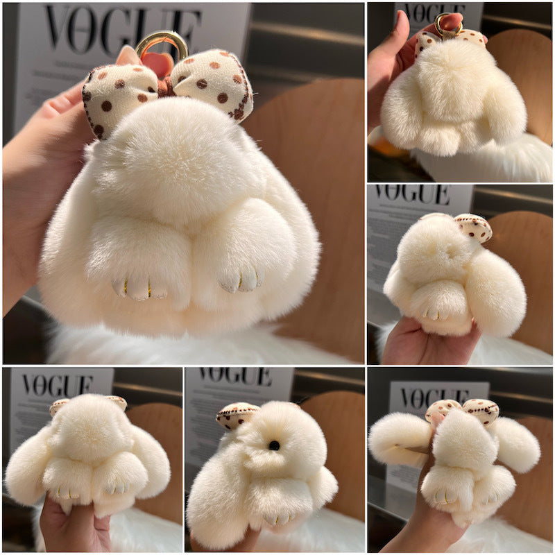 Cute Real Rex Rabbit Hair Bow Bunny Car Key Ring Pendant