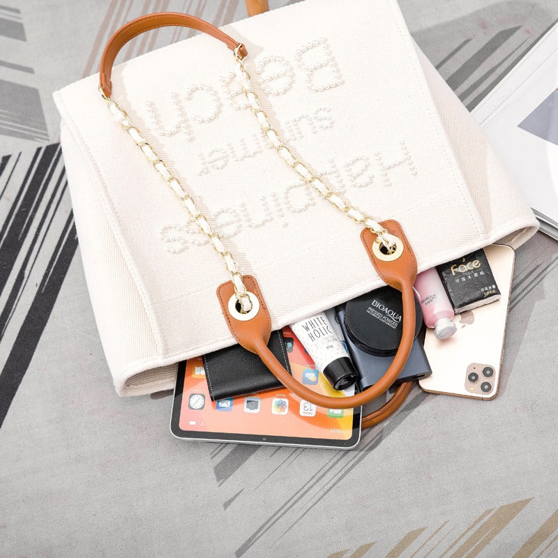 Off-White Beaded Canvas Tote