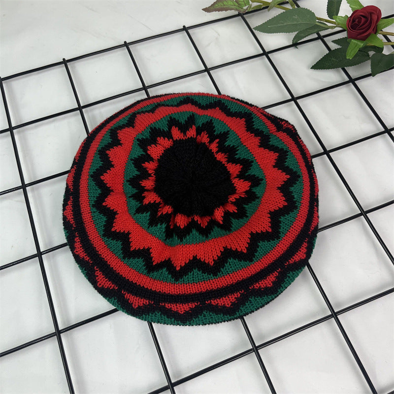 Hand Crocheted Wool Beret Jamaica Colorblock Knit