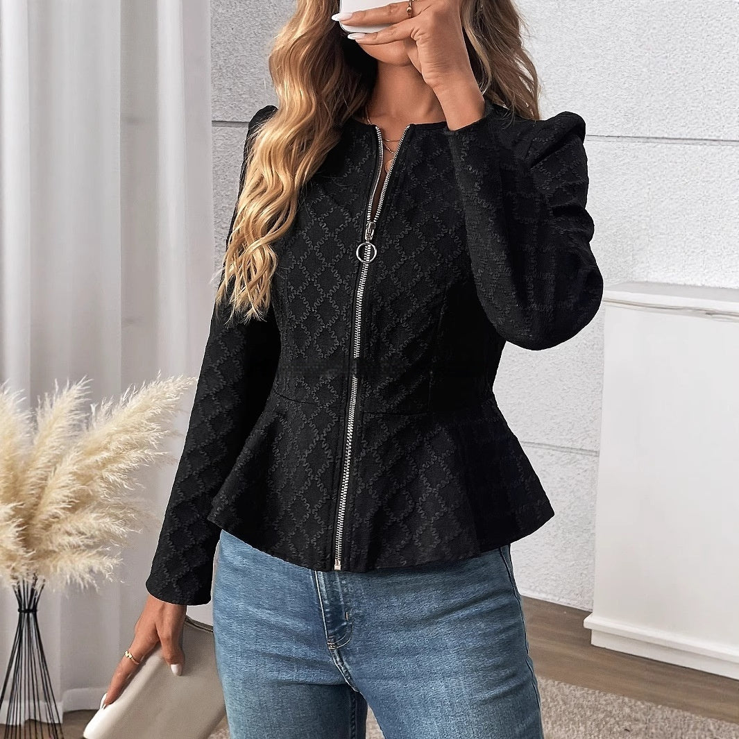 Women's Slim-fit Solid Color Embossed Waist-controlled Long Sleeves Round Neck Lightweight Top